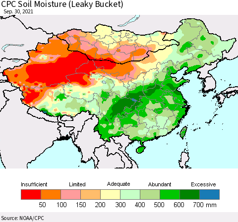 China, Mongolia and Taiwan CPC Soil Moisture (Leaky Bucket) Thematic Map For 9/26/2021 - 9/30/2021