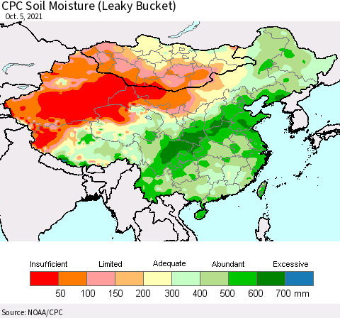 China, Mongolia and Taiwan CPC Soil Moisture (Leaky Bucket) Thematic Map For 10/1/2021 - 10/5/2021