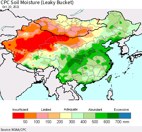 China, Mongolia and Taiwan CPC Soil Moisture (Leaky Bucket) Thematic Map For 10/6/2021 - 10/10/2021