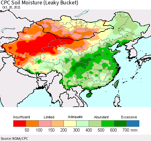 China, Mongolia and Taiwan CPC Soil Moisture (Leaky Bucket) Thematic Map For 10/16/2021 - 10/20/2021
