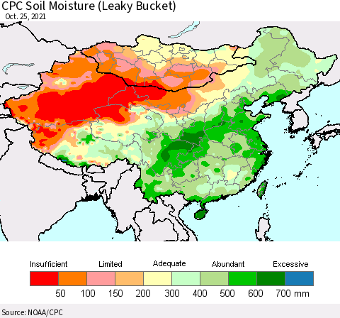 China, Mongolia and Taiwan CPC Soil Moisture (Leaky Bucket) Thematic Map For 10/21/2021 - 10/25/2021