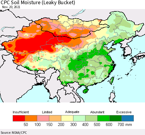 China, Mongolia and Taiwan CPC Soil Moisture (Leaky Bucket) Thematic Map For 11/16/2021 - 11/20/2021