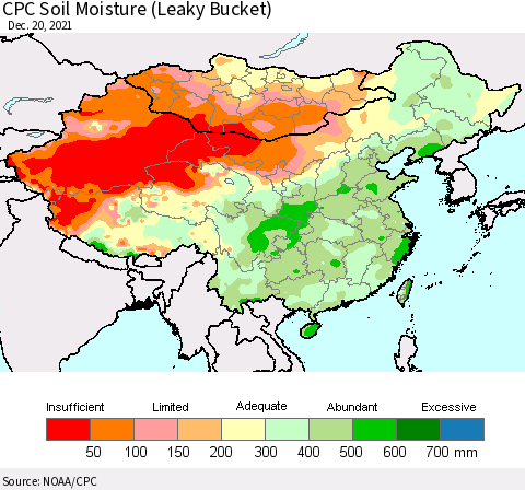 China, Mongolia and Taiwan CPC Soil Moisture (Leaky Bucket) Thematic Map For 12/16/2021 - 12/20/2021