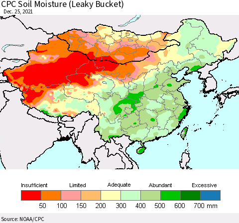 China, Mongolia and Taiwan CPC Soil Moisture (Leaky Bucket) Thematic Map For 12/21/2021 - 12/25/2021
