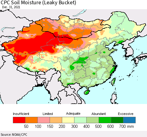 China, Mongolia and Taiwan CPC Soil Moisture (Leaky Bucket) Thematic Map For 12/26/2021 - 12/31/2021