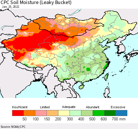 China, Mongolia and Taiwan CPC Soil Moisture (Leaky Bucket) Thematic Map For 1/21/2022 - 1/25/2022