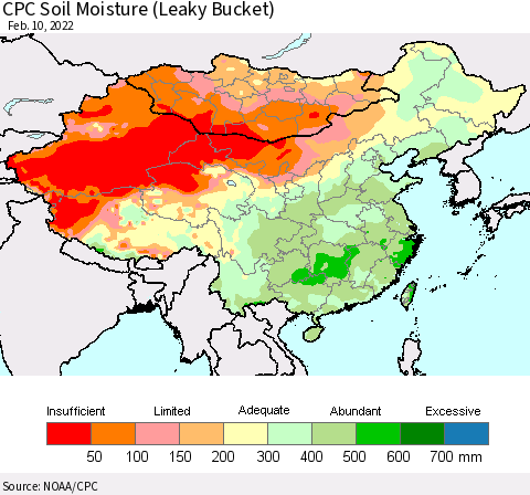 China, Mongolia and Taiwan CPC Soil Moisture (Leaky Bucket) Thematic Map For 2/6/2022 - 2/10/2022