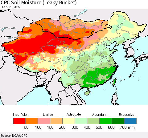 China, Mongolia and Taiwan CPC Soil Moisture (Leaky Bucket) Thematic Map For 2/21/2022 - 2/25/2022