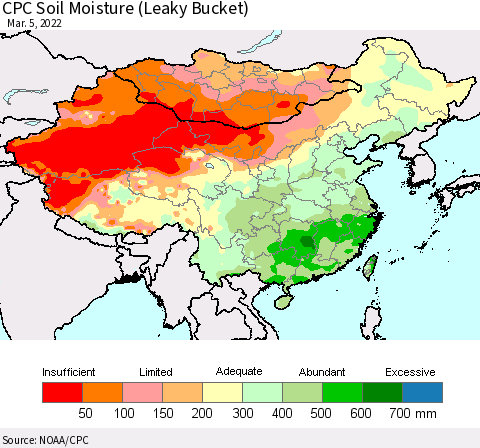 China, Mongolia and Taiwan CPC Soil Moisture (Leaky Bucket) Thematic Map For 3/1/2022 - 3/5/2022