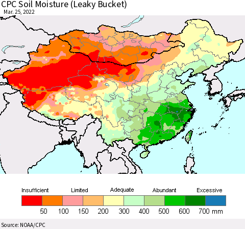 China, Mongolia and Taiwan CPC Soil Moisture (Leaky Bucket) Thematic Map For 3/21/2022 - 3/25/2022