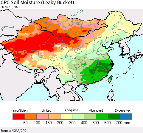 China, Mongolia and Taiwan CPC Soil Moisture (Leaky Bucket) Thematic Map For 3/26/2022 - 3/31/2022