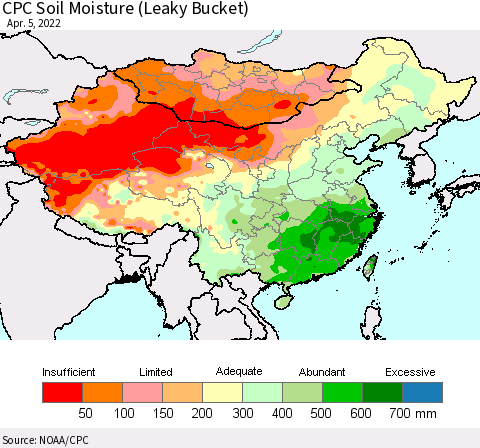 China, Mongolia and Taiwan CPC Soil Moisture (Leaky Bucket) Thematic Map For 4/1/2022 - 4/5/2022