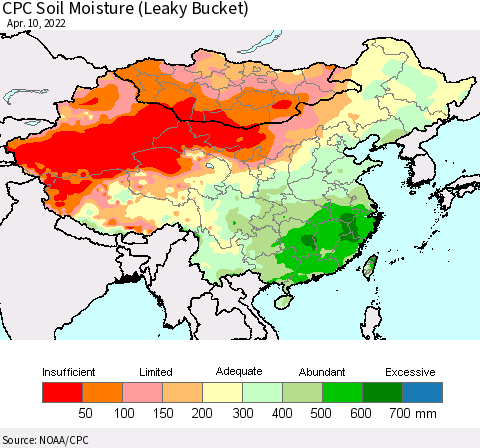China, Mongolia and Taiwan CPC Soil Moisture (Leaky Bucket) Thematic Map For 4/6/2022 - 4/10/2022