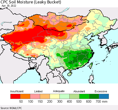 China, Mongolia and Taiwan CPC Soil Moisture (Leaky Bucket) Thematic Map For 4/26/2022 - 4/30/2022