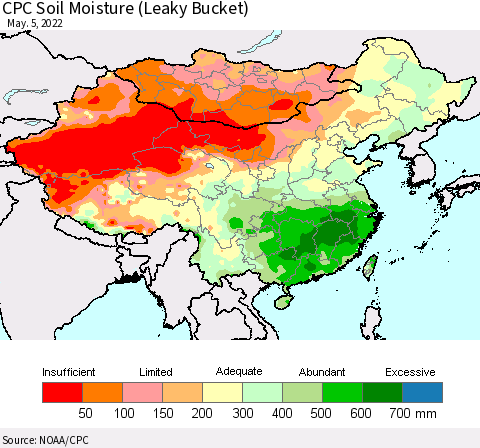China, Mongolia and Taiwan CPC Soil Moisture (Leaky Bucket) Thematic Map For 5/1/2022 - 5/5/2022