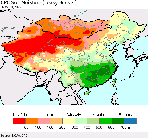 China, Mongolia and Taiwan CPC Soil Moisture (Leaky Bucket) Thematic Map For 5/6/2022 - 5/10/2022