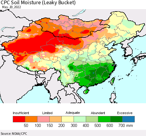China, Mongolia and Taiwan CPC Soil Moisture (Leaky Bucket) Thematic Map For 5/16/2022 - 5/20/2022