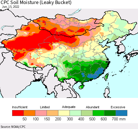 China, Mongolia and Taiwan CPC Soil Moisture (Leaky Bucket) Thematic Map For 6/11/2022 - 6/15/2022