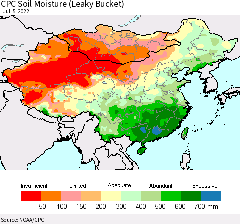 China, Mongolia and Taiwan CPC Soil Moisture (Leaky Bucket) Thematic Map For 7/1/2022 - 7/5/2022