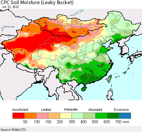 China, Mongolia and Taiwan CPC Soil Moisture (Leaky Bucket) Thematic Map For 7/11/2022 - 7/15/2022