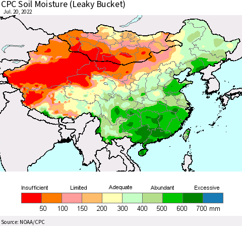 China, Mongolia and Taiwan CPC Soil Moisture (Leaky Bucket) Thematic Map For 7/16/2022 - 7/20/2022