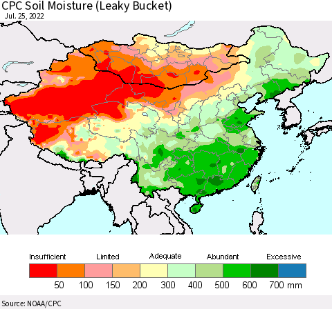 China, Mongolia and Taiwan CPC Soil Moisture (Leaky Bucket) Thematic Map For 7/21/2022 - 7/25/2022