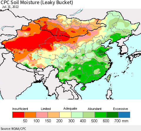 China, Mongolia and Taiwan CPC Soil Moisture (Leaky Bucket) Thematic Map For 7/26/2022 - 7/31/2022