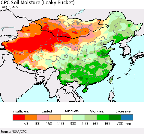 China, Mongolia and Taiwan CPC Soil Moisture (Leaky Bucket) Thematic Map For 8/1/2022 - 8/5/2022
