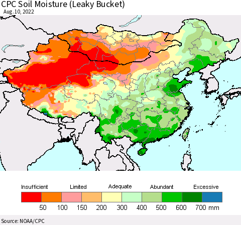 China, Mongolia and Taiwan CPC Soil Moisture (Leaky Bucket) Thematic Map For 8/6/2022 - 8/10/2022