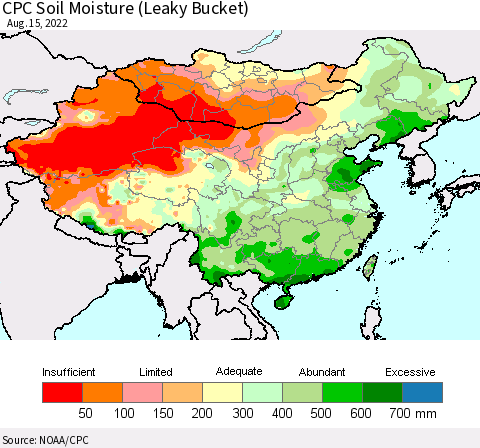 China, Mongolia and Taiwan CPC Soil Moisture (Leaky Bucket) Thematic Map For 8/11/2022 - 8/15/2022