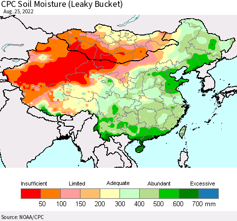 China, Mongolia and Taiwan CPC Soil Moisture (Leaky Bucket) Thematic Map For 8/21/2022 - 8/25/2022