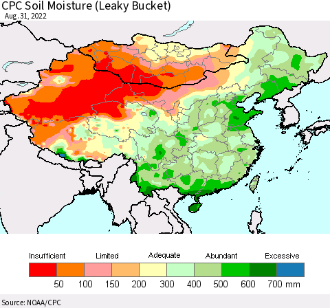 China, Mongolia and Taiwan CPC Soil Moisture (Leaky Bucket) Thematic Map For 8/26/2022 - 8/31/2022