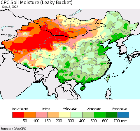 China, Mongolia and Taiwan CPC Soil Moisture (Leaky Bucket) Thematic Map For 9/1/2022 - 9/5/2022