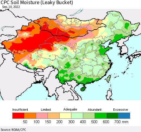 China, Mongolia and Taiwan CPC Soil Moisture (Leaky Bucket) Thematic Map For 9/6/2022 - 9/10/2022