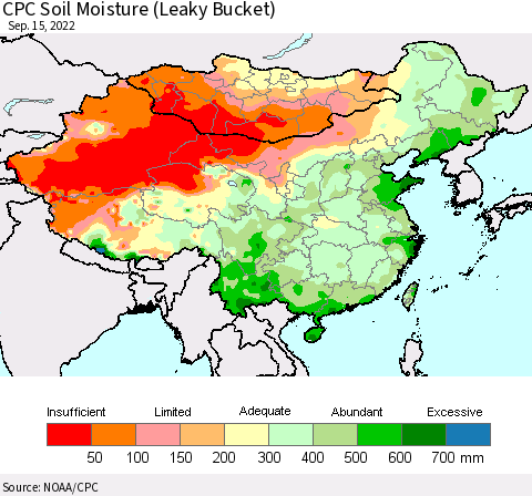 China, Mongolia and Taiwan CPC Soil Moisture (Leaky Bucket) Thematic Map For 9/11/2022 - 9/15/2022