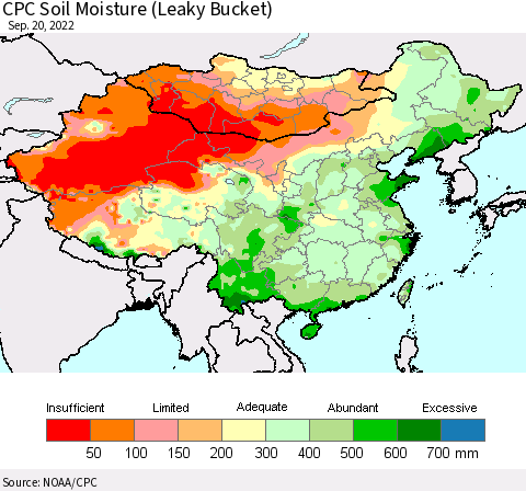 China, Mongolia and Taiwan CPC Soil Moisture (Leaky Bucket) Thematic Map For 9/16/2022 - 9/20/2022
