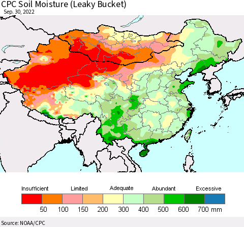 China, Mongolia and Taiwan CPC Soil Moisture (Leaky Bucket) Thematic Map For 9/26/2022 - 9/30/2022