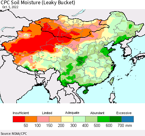 China, Mongolia and Taiwan CPC Soil Moisture (Leaky Bucket) Thematic Map For 10/1/2022 - 10/5/2022