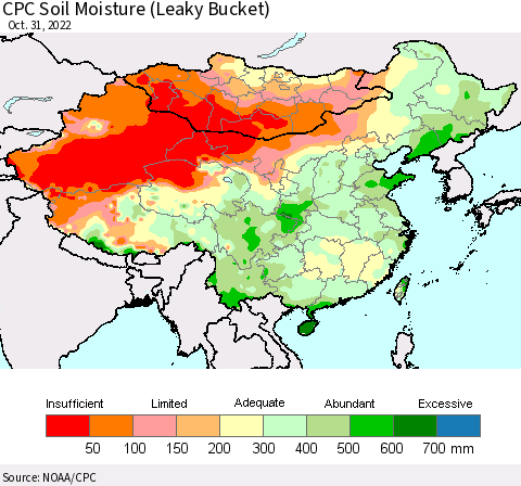 China, Mongolia and Taiwan CPC Soil Moisture (Leaky Bucket) Thematic Map For 10/26/2022 - 10/31/2022