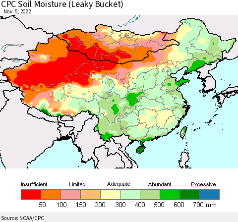China, Mongolia and Taiwan CPC Soil Moisture (Leaky Bucket) Thematic Map For 11/1/2022 - 11/5/2022