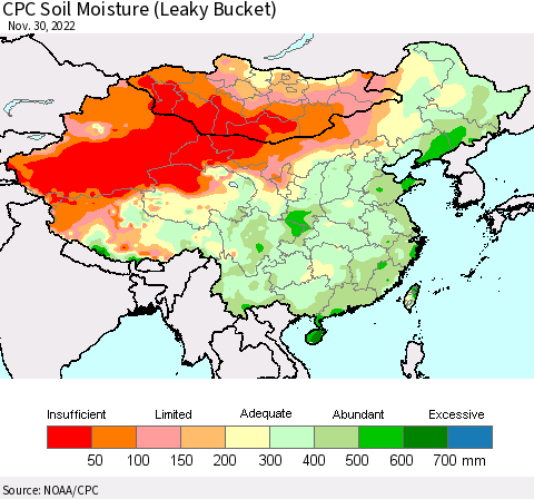 China, Mongolia and Taiwan CPC Soil Moisture (Leaky Bucket) Thematic Map For 11/26/2022 - 11/30/2022