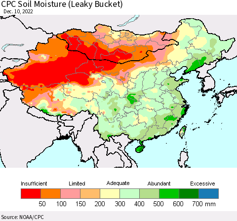 China, Mongolia and Taiwan CPC Soil Moisture (Leaky Bucket) Thematic Map For 12/6/2022 - 12/10/2022