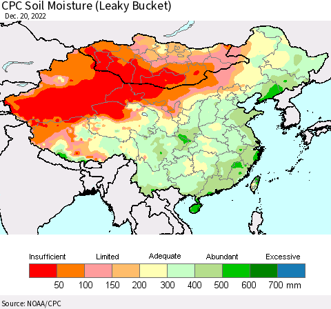China, Mongolia and Taiwan CPC Soil Moisture (Leaky Bucket) Thematic Map For 12/16/2022 - 12/20/2022