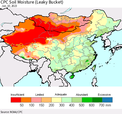 China, Mongolia and Taiwan CPC Soil Moisture (Leaky Bucket) Thematic Map For 1/6/2023 - 1/10/2023