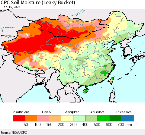 China, Mongolia and Taiwan CPC Soil Moisture (Leaky Bucket) Thematic Map For 1/11/2023 - 1/15/2023