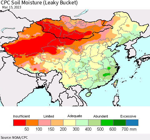 China, Mongolia and Taiwan CPC Soil Moisture (Leaky Bucket) Thematic Map For 3/11/2023 - 3/15/2023
