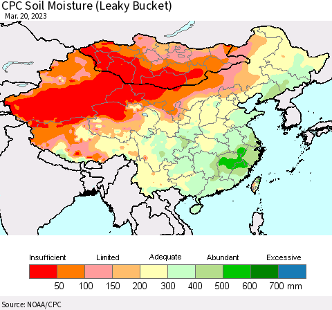 China, Mongolia and Taiwan CPC Soil Moisture (Leaky Bucket) Thematic Map For 3/16/2023 - 3/20/2023