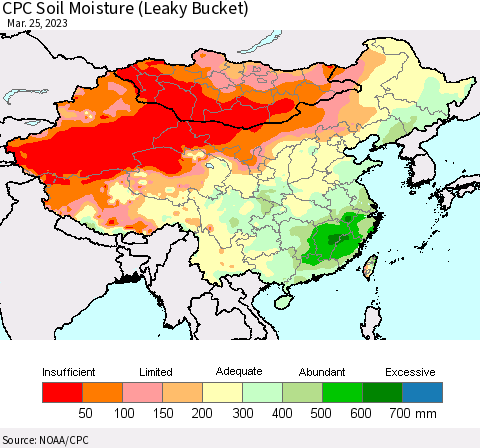 China, Mongolia and Taiwan CPC Soil Moisture (Leaky Bucket) Thematic Map For 3/21/2023 - 3/25/2023