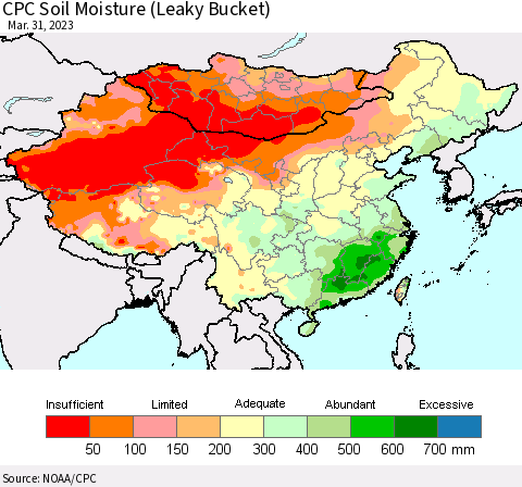 China, Mongolia and Taiwan CPC Soil Moisture (Leaky Bucket) Thematic Map For 3/26/2023 - 3/31/2023