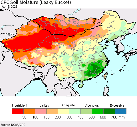 China, Mongolia and Taiwan CPC Soil Moisture (Leaky Bucket) Thematic Map For 4/1/2023 - 4/5/2023